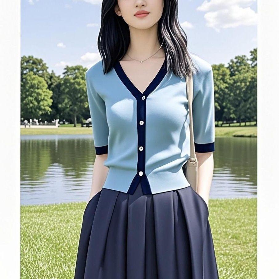 Summer niche new ice silk knitted short-sleeved cardigan thin women's temperament age-reducing top thin foreign-style shirt