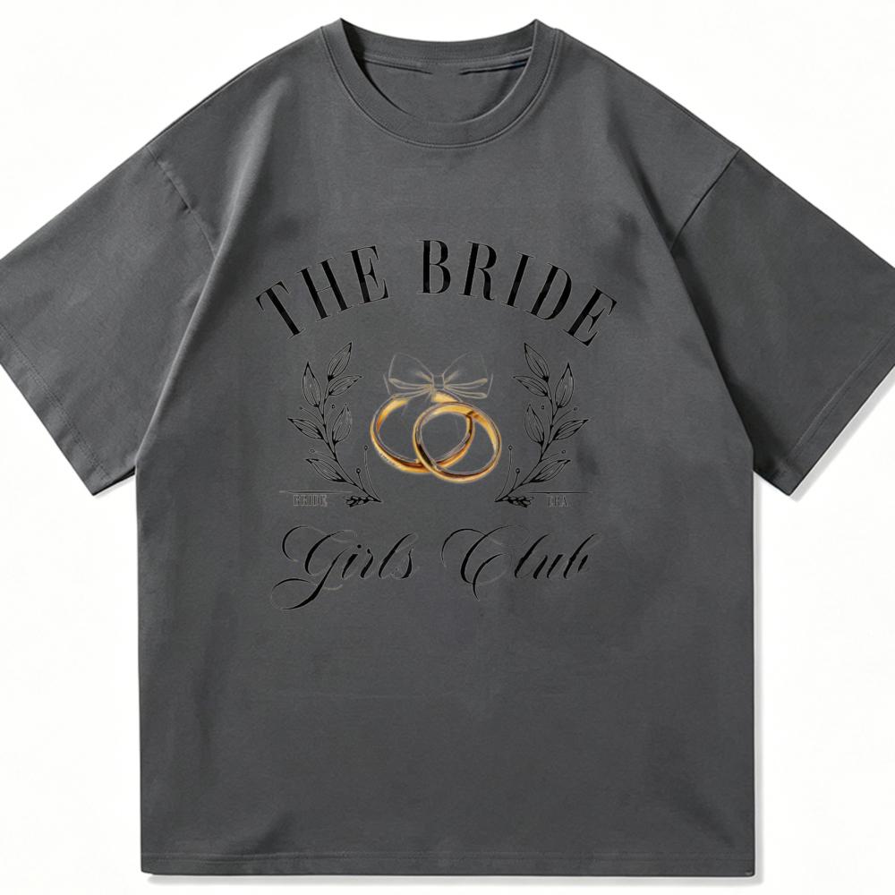 The Bride Girls Club Graphic T Shirt Minimal Gold Wedding Ring Leaf Floral Script Letter Print Crew Neck Unisex T Shirt