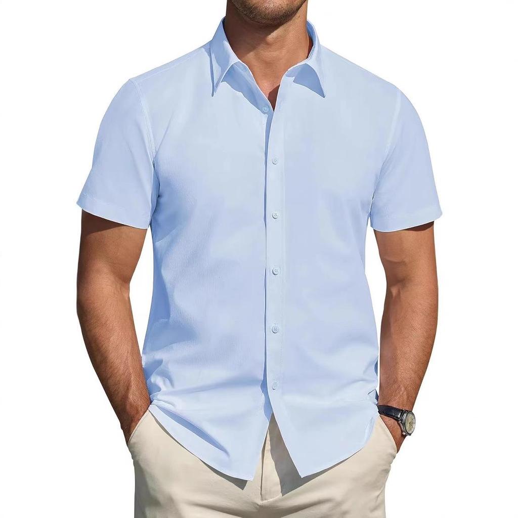 2025 Men's Summer Short-Sleeve Solid Color Cardigan Casual Formal Shirt