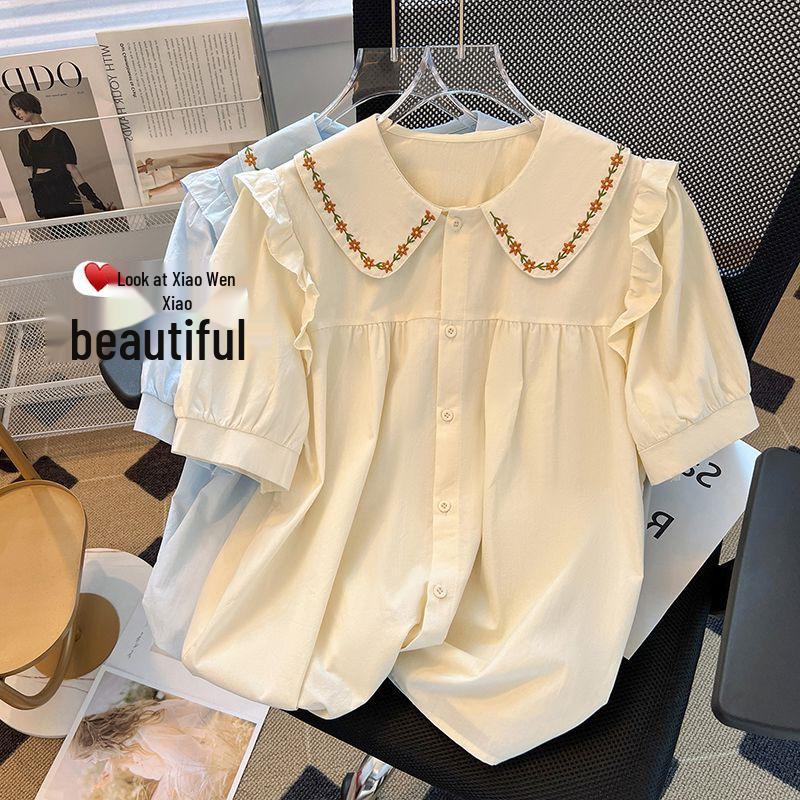 Women's Japanese-Style Sweet Embroidered Shirt with Doll Collar - Summer 2026