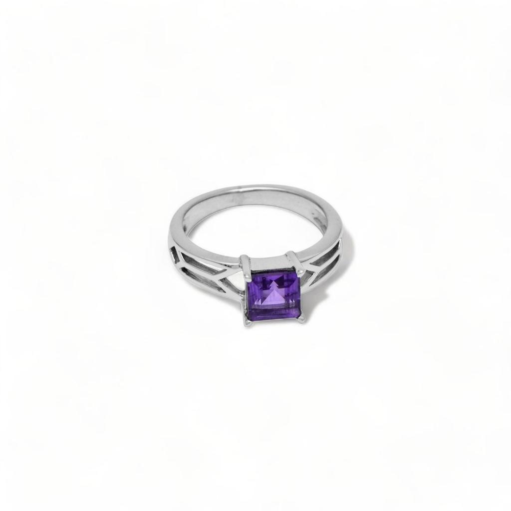 925 Sterling Silver Amethyst Ring – Princess Cut Natural Purple Gemstone Elegant Band for Women