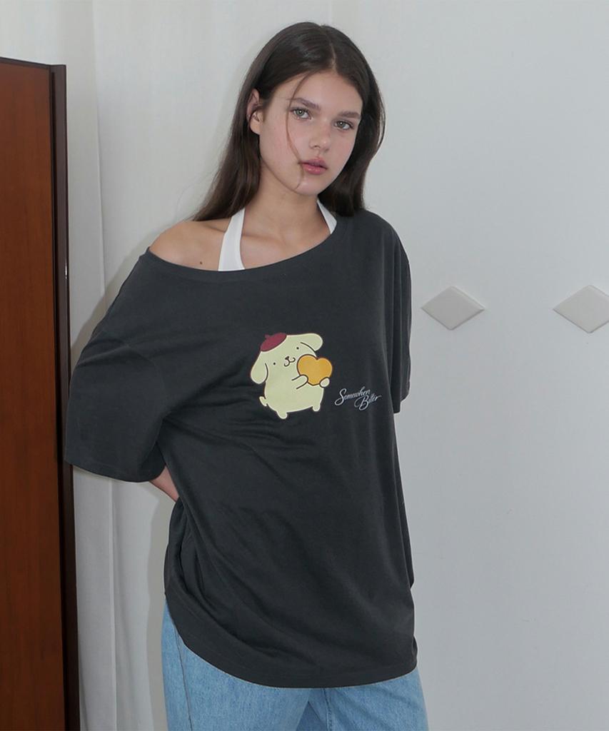 Sseomweeobeoteo Heart Pompompurin Off Shoulder Top - Charcoal