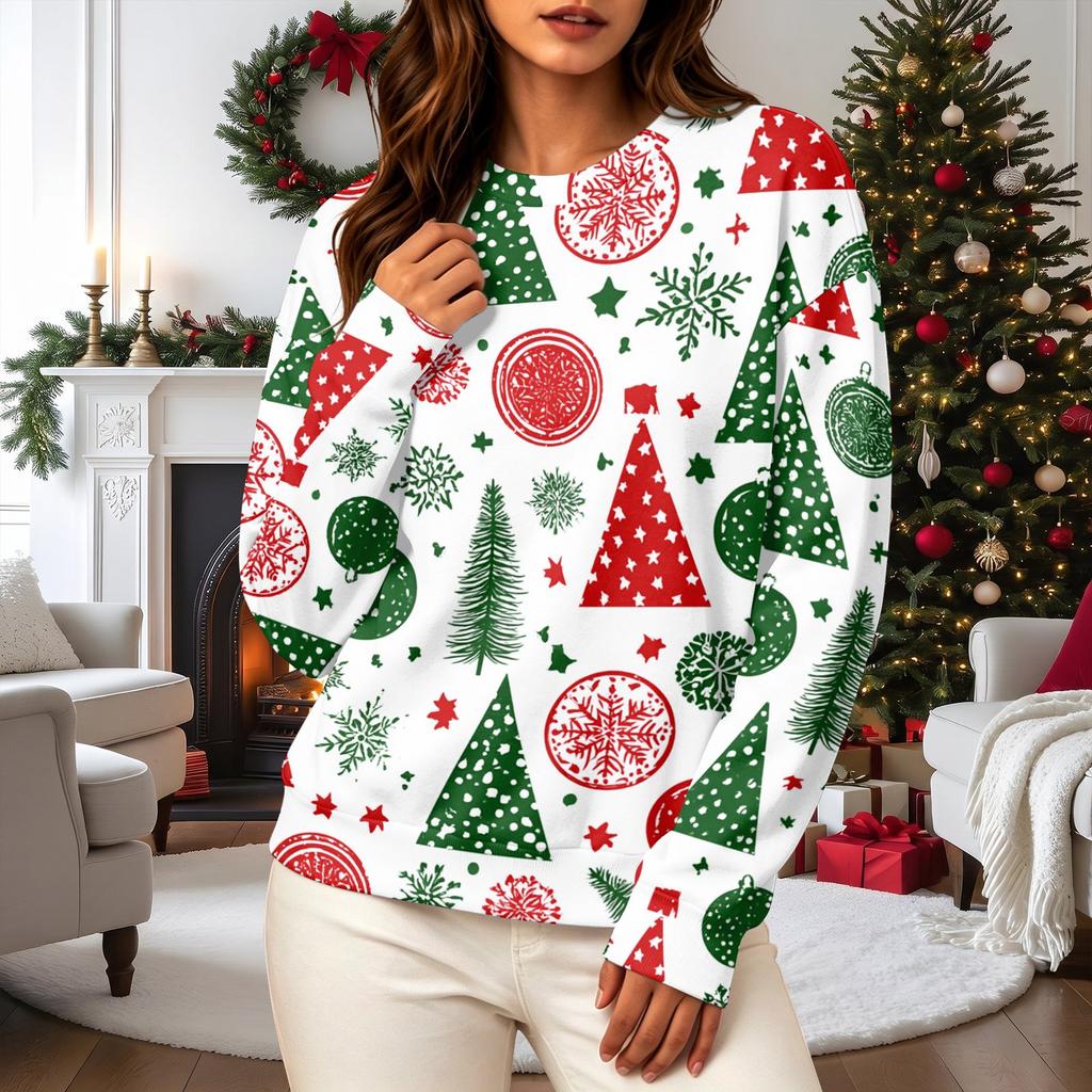 Women's Casual Long Sleeve Christmas Print Neck Sweatshirt