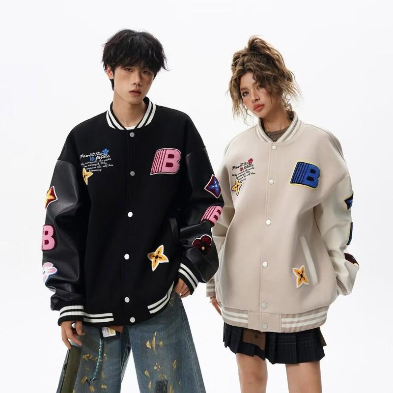 Unisex Vintage Baseball Jacket Streetwear Oversized Bomber Coat With Embroidery Patchwork Design Fall
