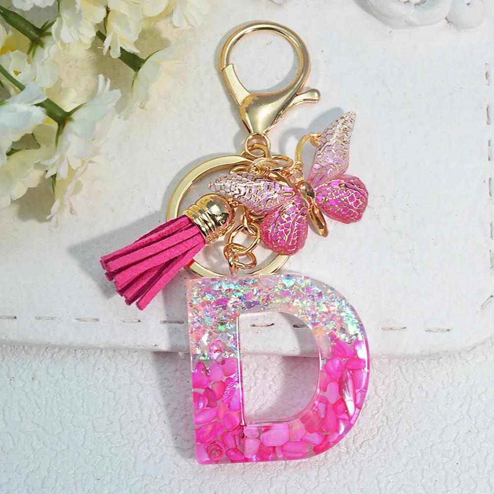 Gradient Pink Jewelry Letter Keyring Resin Letter Keychain with Fringe Butterfly DIY Bag Decoration Pendant Party Gift