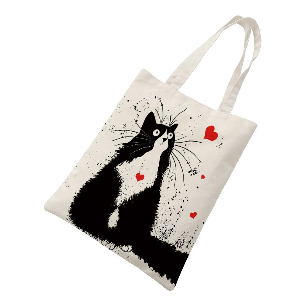 Black Cat Printed Canvas Bag Cartoon Tote Bag Shoulder Storage Bag Ladies Beach Bag Shopping Bag Travel Storage