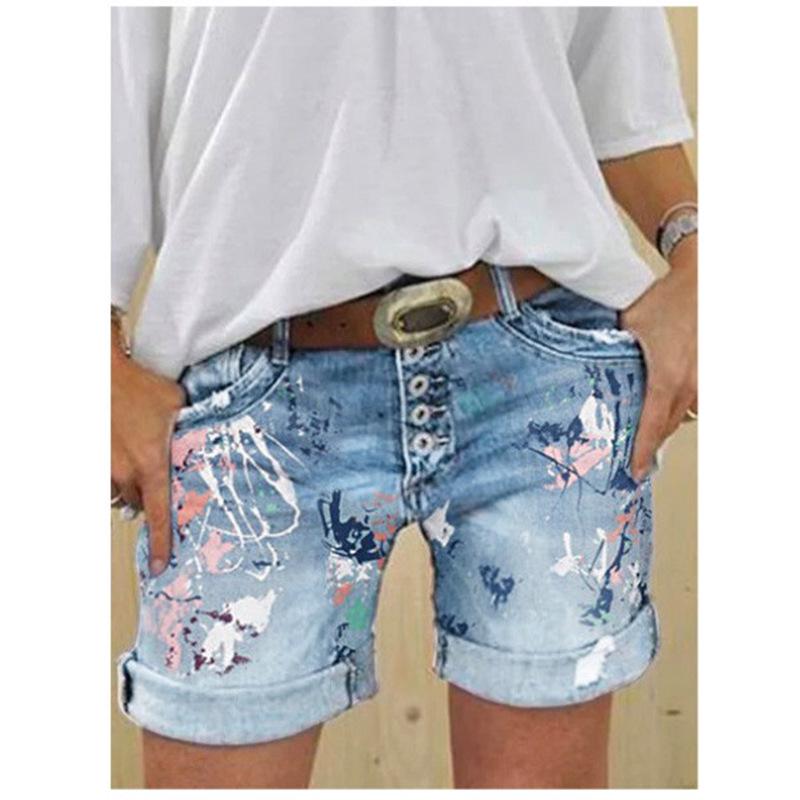 Pantaloncini di Jeans Elasticizzati da Donna a Vita Alta Taglie Forti con Stampa a Bottoni