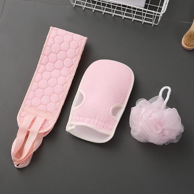 Adult Bathing Set: Towel, Long Back Scrubber, Exfoliating Mitt, and Bath Ball