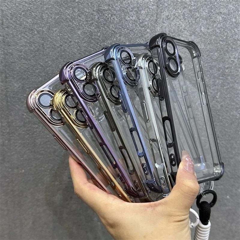 Applicable to iPhone17Promax four corners anti-drop electroplating transparent mobile phone case Apple 16 hand rope protective case
