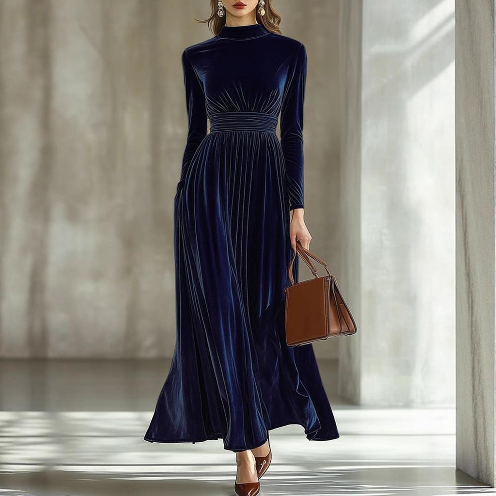 European and American independent station autumn and winter new semi-turtleneck waist slim pleated golden velvet temperament long dress