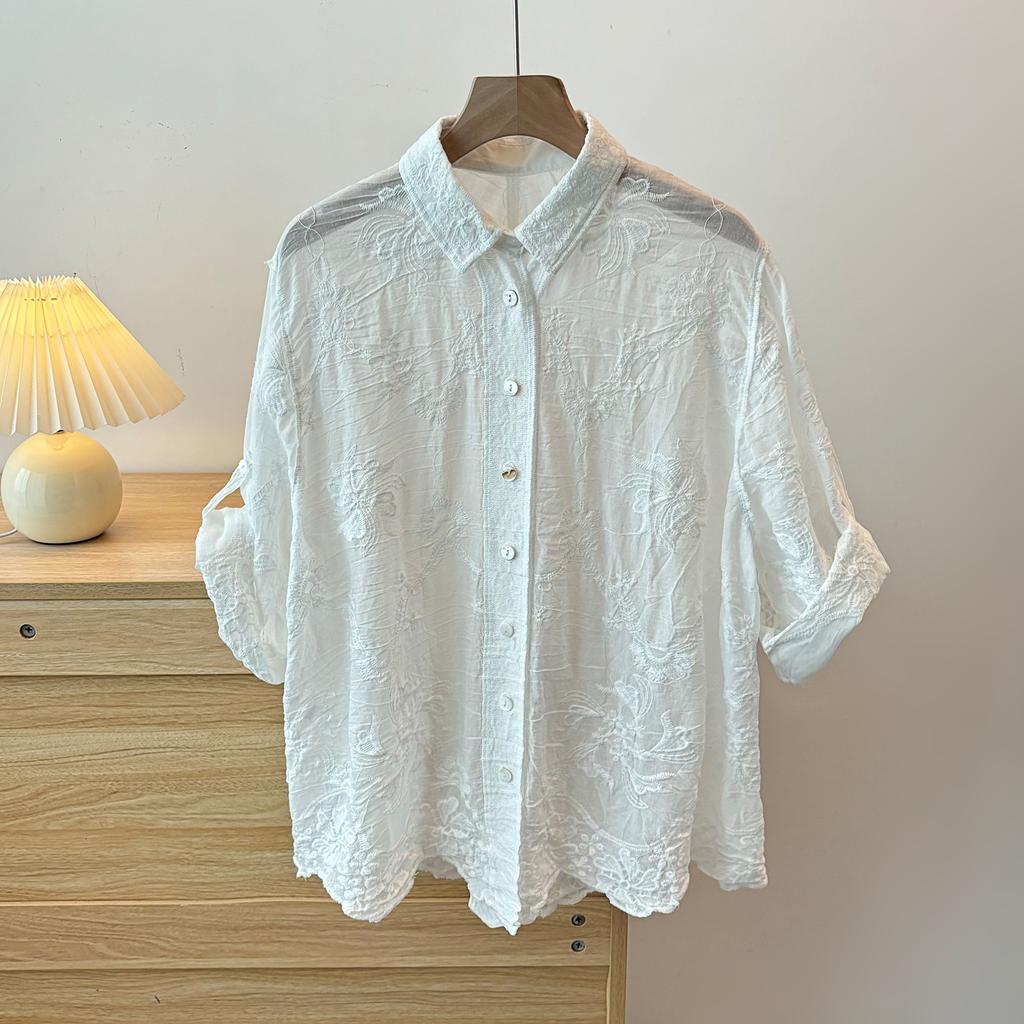 DIMANAF 2025 New Women Summer Shirt Lace Blouse Loose Buttons Fashion Tops Tees White Tees New Blouse