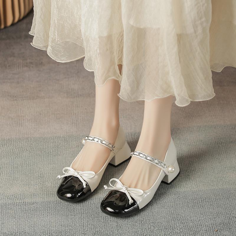 Genuine Leather Mary Zhen Stomped Middle Heel Spring and Autumn Black and White Spliced Chain Round Head Bow Girls Thick Heeled Single Shoes