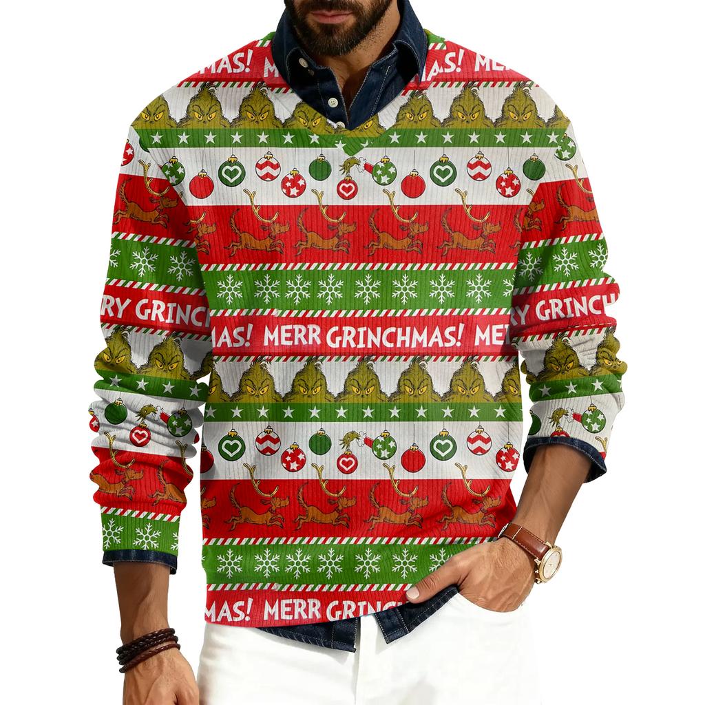 Men's V-neck Long Sleeve Ribbed Knit Pullover