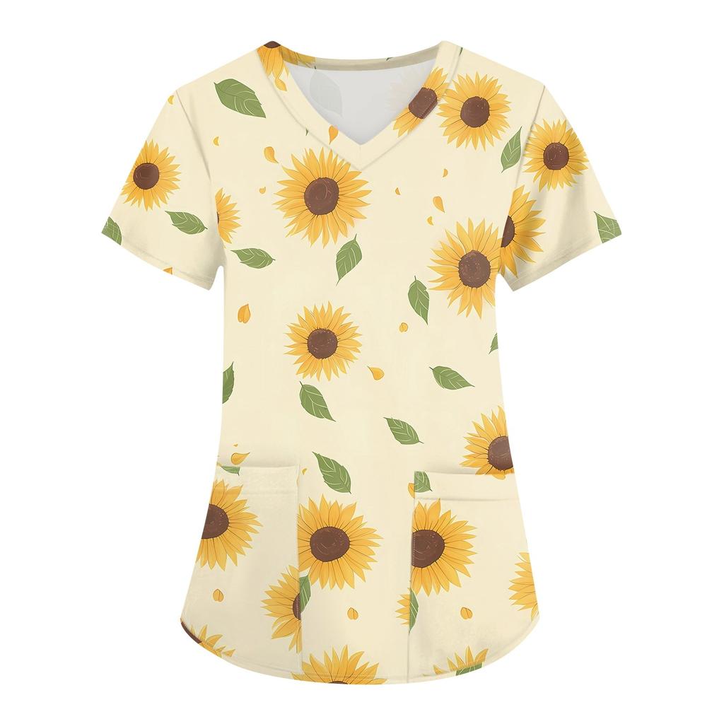 Modische Arbeitskleidung für Damen mit V-Ausschnitt, kurzen Ärmeln und bedruckten Taschen
