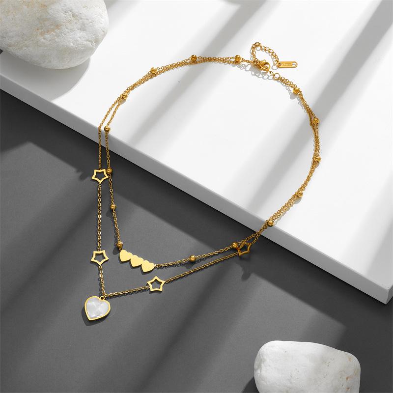 Titanium Steel Double Layer Necklace with Heart and Star Pendant for Women