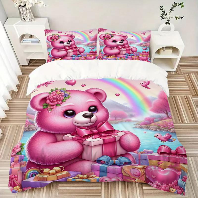 3pcs Pink Teddy Bear Bedding Set - Includes One Quilt Cover and Two Pillowcases (No Core) - Home Decor, Festival Gift, Polyester Fabric, Ani