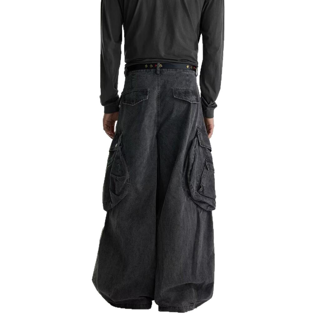 Retro tooling jeans men's spring niche design sense large pockets loose straight wide-leg casual trousers