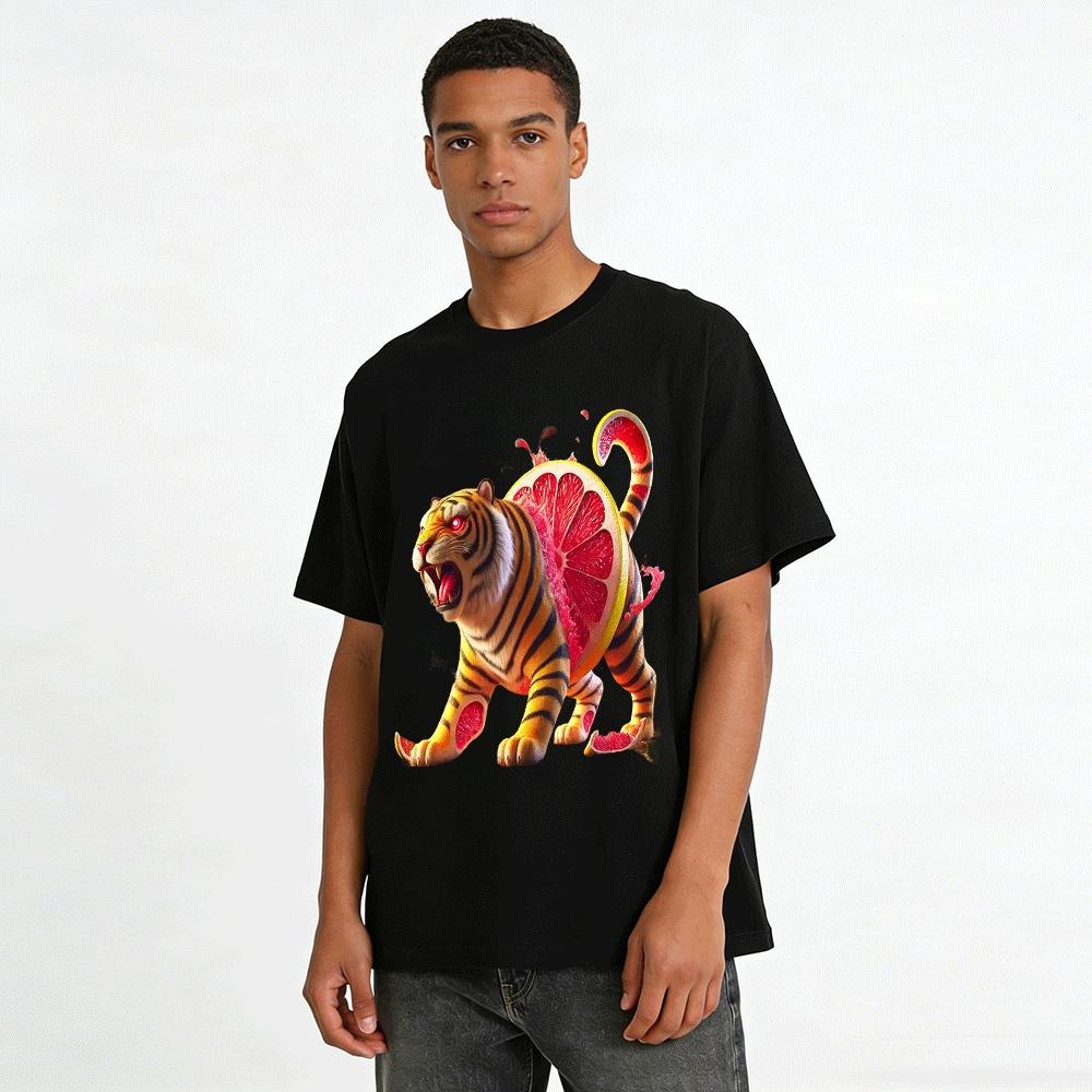 Grapefruit Tiger Hybrid Print Casual Trendy Short Sleeve Pure Cotton T-shirt