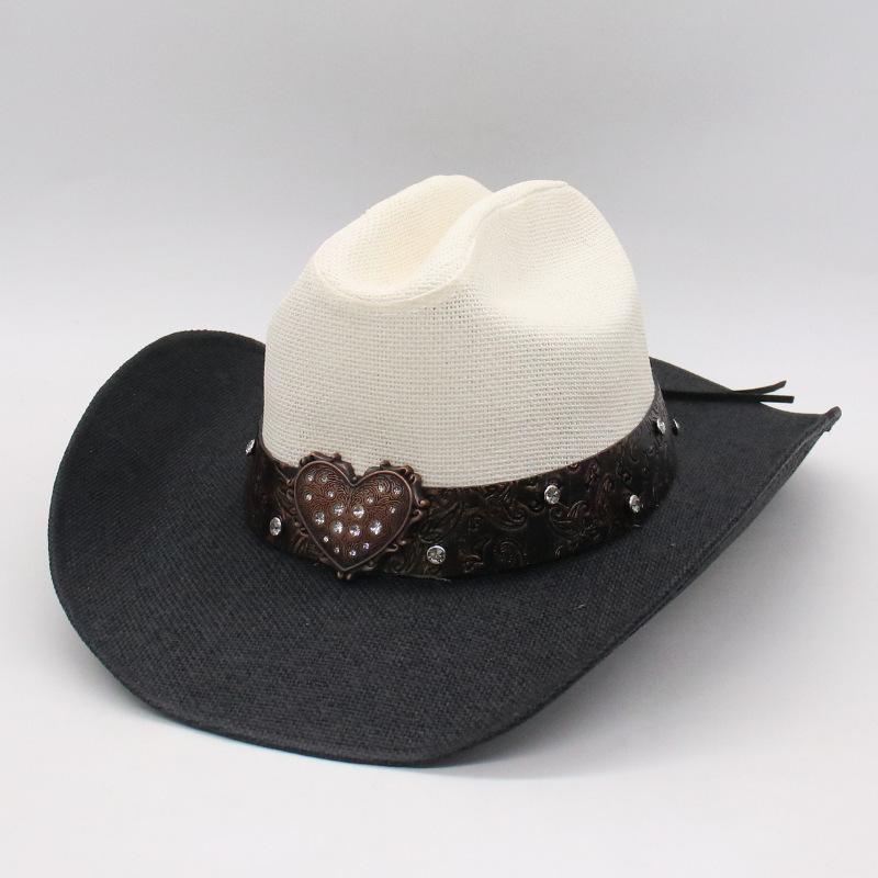 One-Word Straw Hat Cross-Border Manufacturer Wholesale Two-Color Splicing Denim Big Love Straw Hat Women'S Mountain Climbing Sun Protection Hat