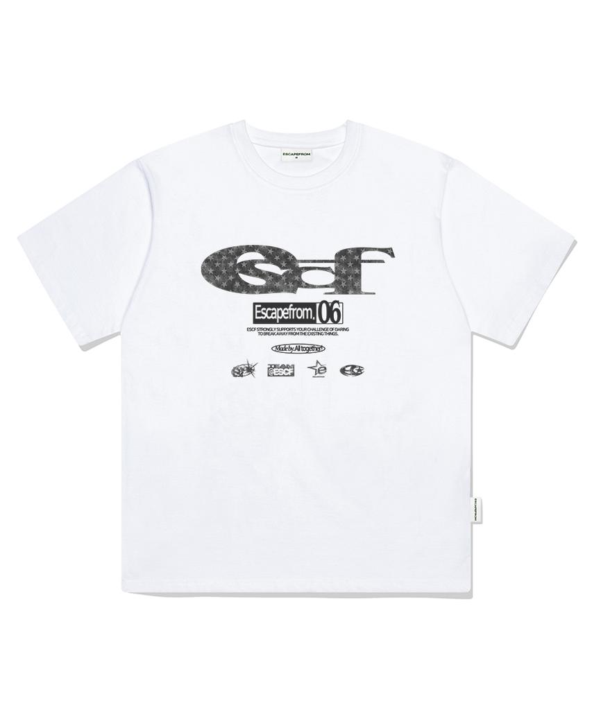 ESCAPEFROM Black Star Denim Escf Logo Collage Print Oversized Short Sleeve T-Shirt White