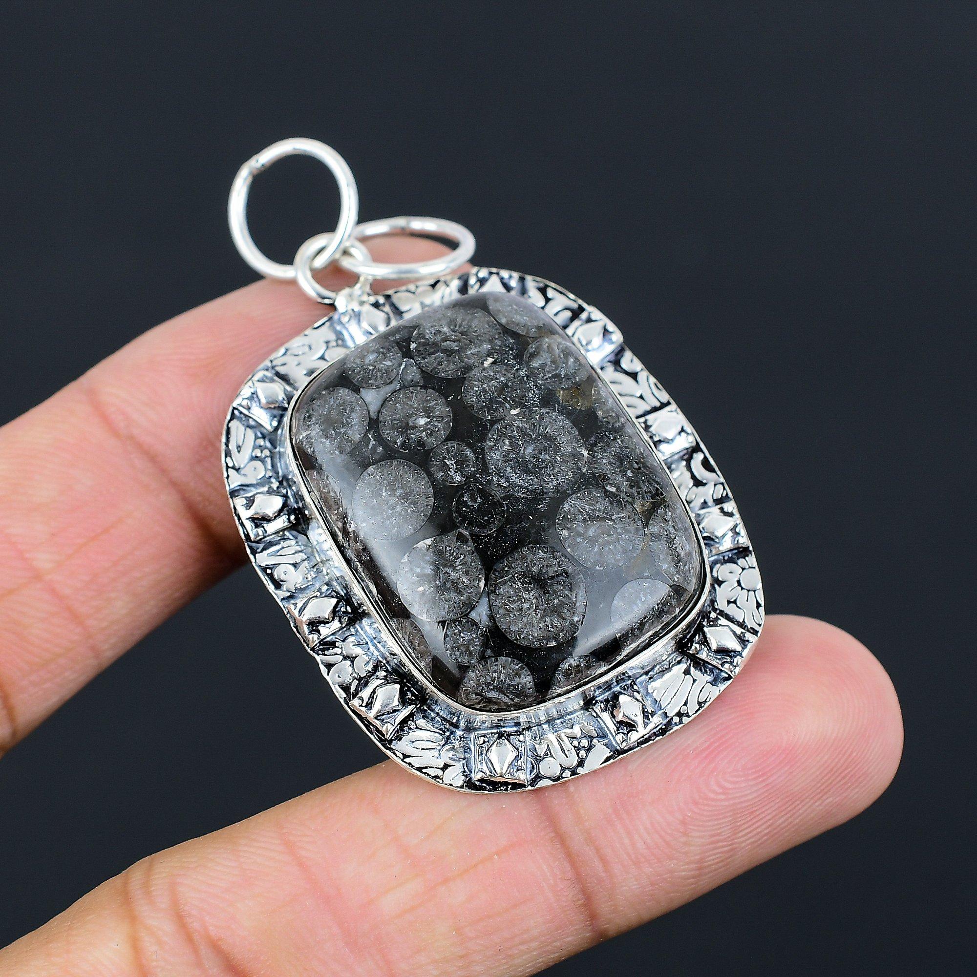 Daughters Day Sale Sterling Silver Black Fossil Coral Stone Wife Pendant Jewelry