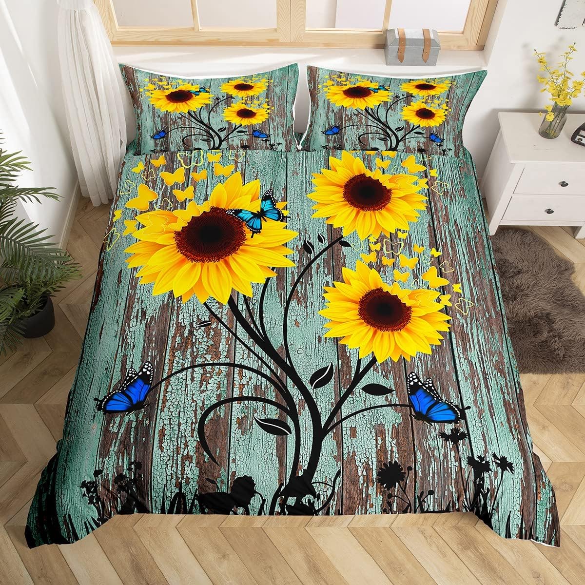 

Comforter Yellow Sunflower Queen Blossom Flowers Bedding Set Butterfly Floral Print Comforter Nature Theme Bedroom Decor Comforter (quilt)-EU Single(135*200cm)3pcs