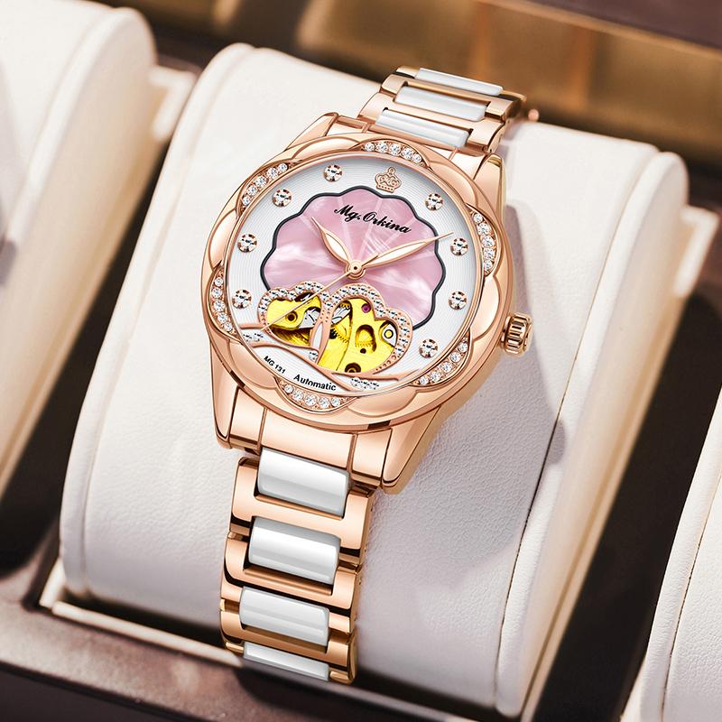 New Luxury Design Women's Watch Diamond Ceramic Stainless Steel Strap Montre Femme Automatic Mechanical Relojes Para Mujer