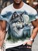 (Selection) Men'S 3D Digital Wolf And Mountain Illustration Print Crew Neck Short Sleeve Shirt, Comfortable Fabric, Suitable for Street Casual Daily