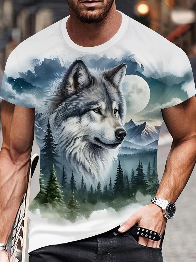 (Selection) Men'S 3D Digital Wolf And Mountain Illustration Print Crew Neck Short Sleeve Shirt, Comfortable Fabric, Suitable for Street Casual Daily