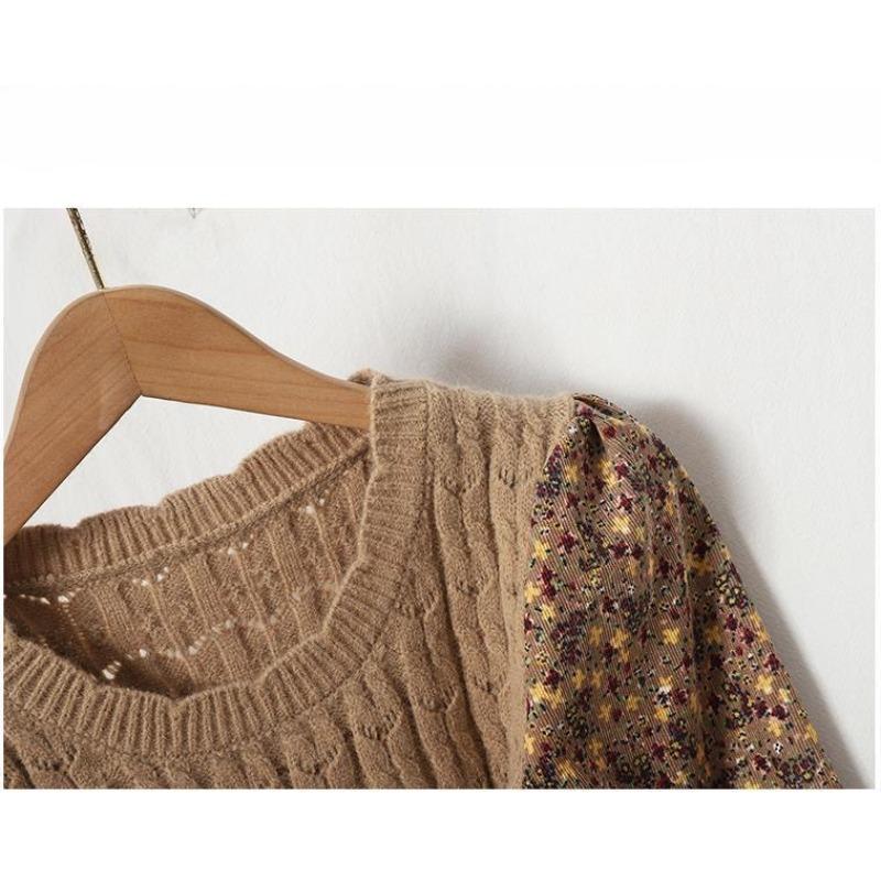 Damska jesienno-zimowa sukienka z paskiem w kwiaty, dzianinowa, sztruksowa, z łączonymi wzorami