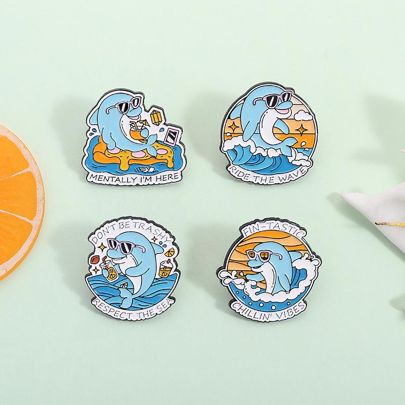 Mentally I'm Here Enamel Pins Funny Quote Ride The Wave Tropical Dolphin Beach Brooches Lapel Badge Jewelry Gifts for Friends