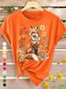 Summer New T-Shirt Women's Floral Fox Print Elegant Retro Style Versatile Casual Round Neck Top for Spring, Summer and Autumn