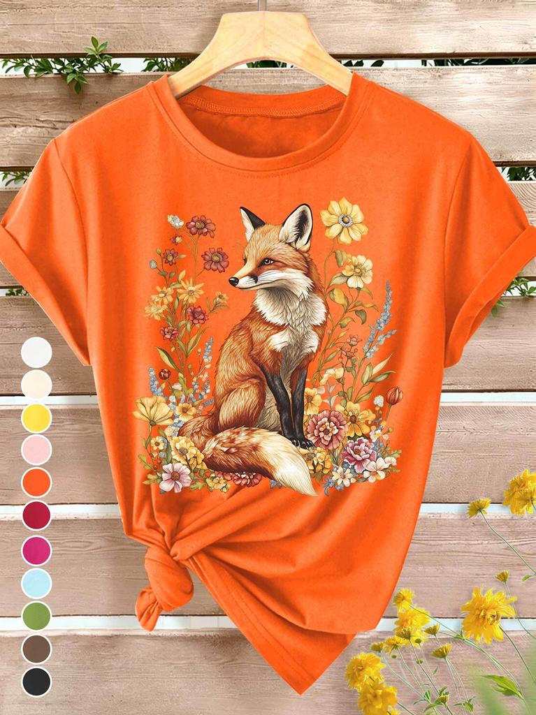 Summer New T-Shirt Women's Floral Fox Print Elegant Retro Style Versatile Casual Round Neck Top for Spring, Summer and Autumn