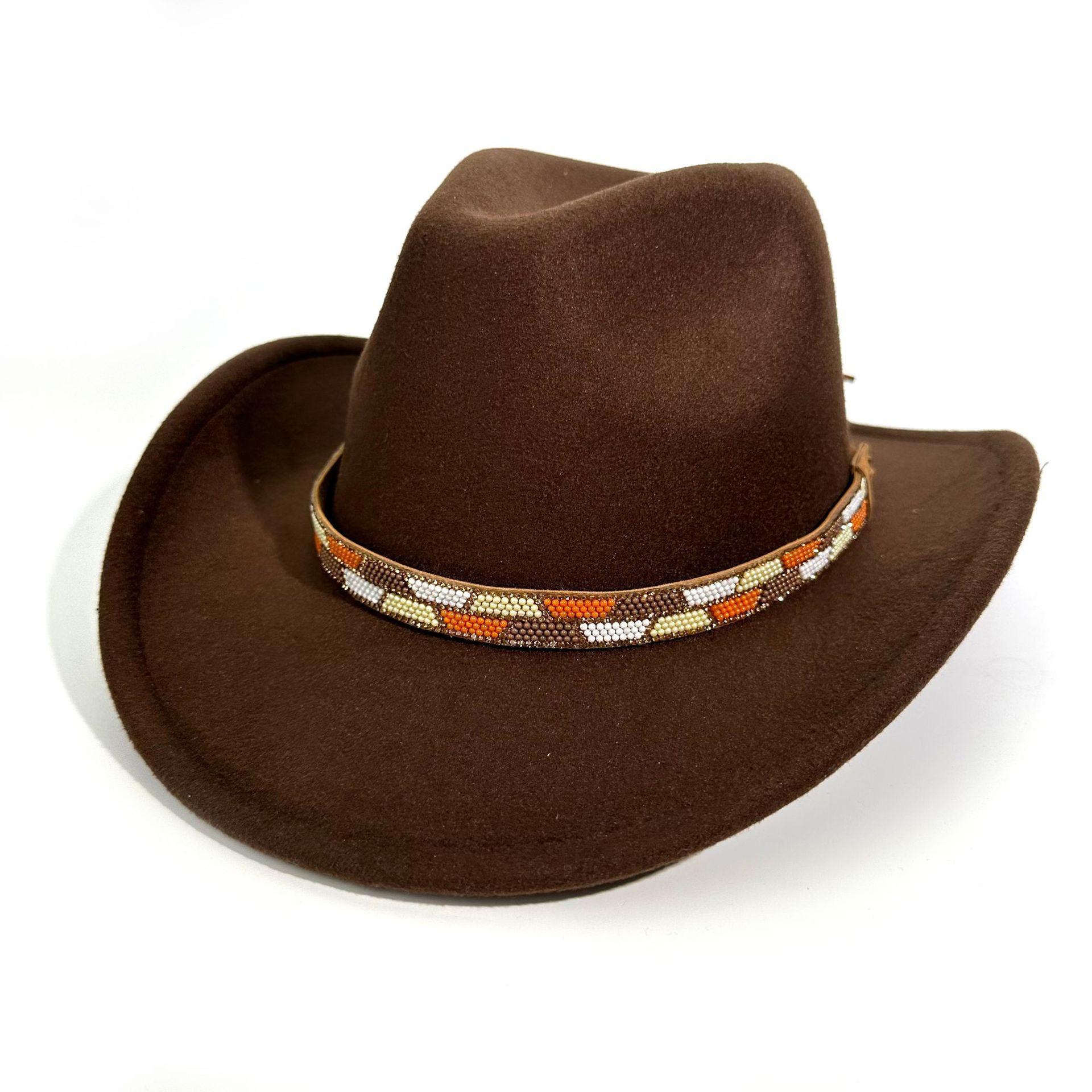 

Wholesale New Western Cowboy Hat Music Party Jazz Hat Autumn And Winter European And American Style Felt Top Hat M（56-58cm） темно-коричневого кольору