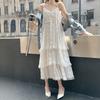 Abito a bretelle da donna Scollo a V Senza maniche Design a strati multipli con pizzo Abito maxi Tinta unita Taglio ampio