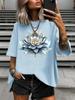 Sommer Lotosblume Aufdruck Damen T-Shirt Mode Damen Freizeit Weich Rundhals Kurzarm Oberteile