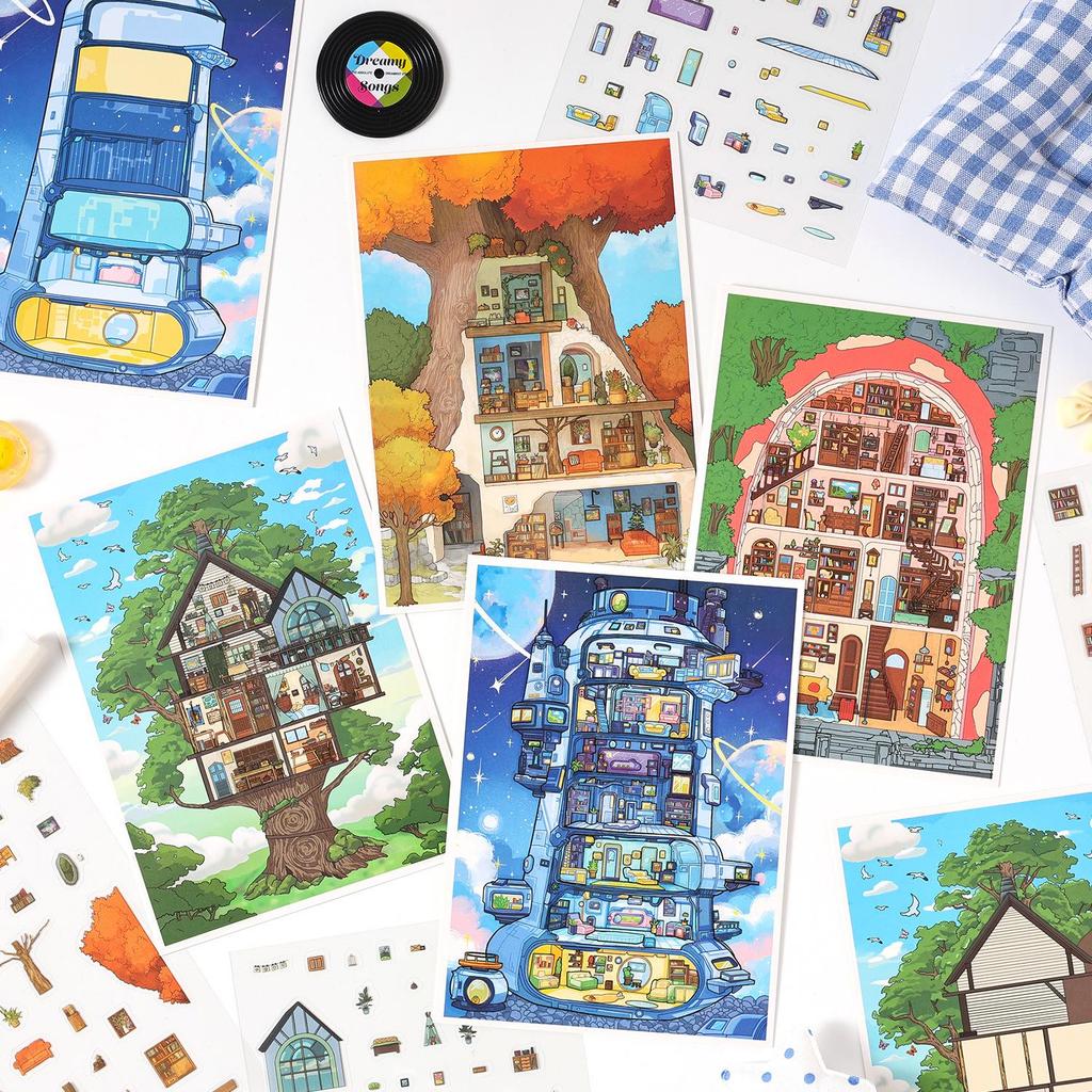 ZABC PET Scene Stickers: Dream Weaving Light Series - 3 Sheets for Journal & DIY Scenery Collage.