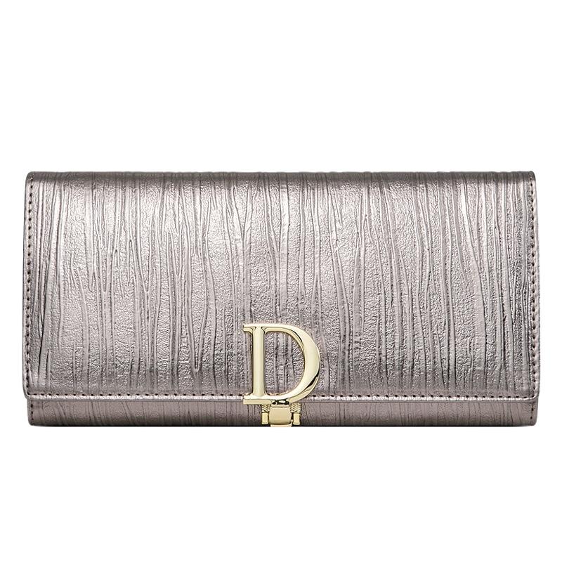 Women Long Wallet Genuine Leather Purse Striped Bifold Cowhide Money Bag Wrist Clutch