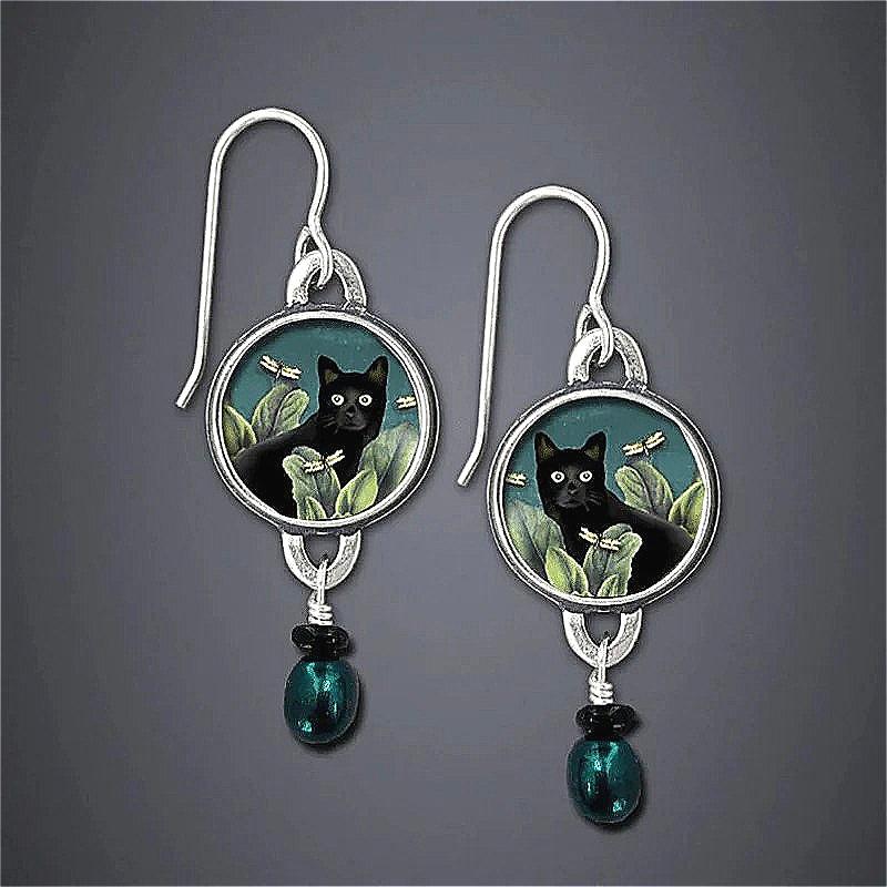 Elegant Vintage Black Cat Patterned Imitation Pearl Pendant Earrings for Women's Daily Party Pendant Jewelry Accessories
