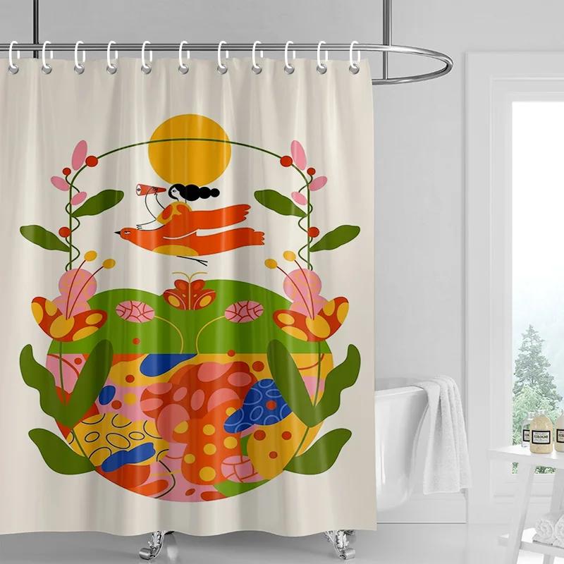 Nordic Style Bathroom Soft Fabric Shower Curtain Abstract Tropical Plant Art Pattern Waterproof Bathroom Decorative Curtain