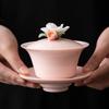 Ladies' Hovering Three-Talent Lidded Tea Bowl, Not Hot To the Touch, Pink Set, Handmade Ceramic Kung Fu Tea Cup, Single Lid Cup