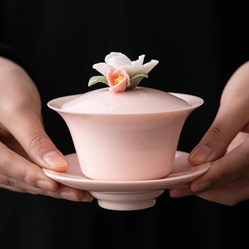 Ladies' Hovering Three-Talent Lidded Tea Bowl, Not Hot To the Touch, Pink Set, Handmade Ceramic Kung Fu Tea Cup, Single Lid Cup