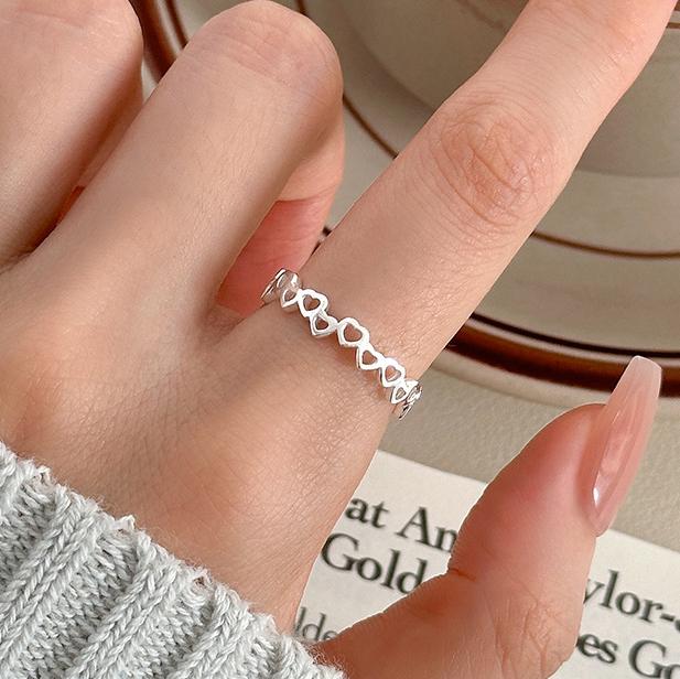 PONYKISS Sterling Silver Hollow Heart Geometric Rings for Women Minimalist Trendy Fine Opening Accessories
