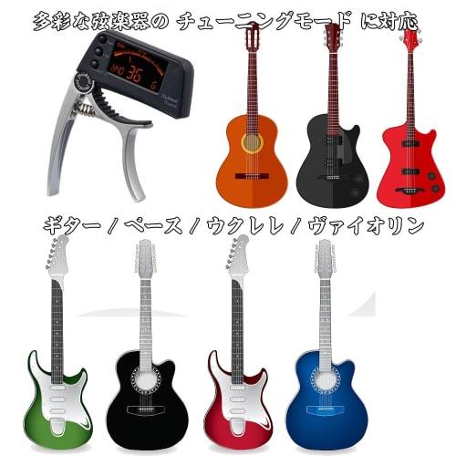Integrated guitar tuner with capo, clip-on tuner for acoustic and electric guitars, bass tuner, compact and easy-to-use LCD display