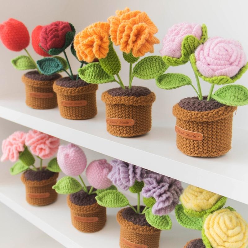 Cute Crochet Rose Flower Arrangement Small Knitting Potted Plant Ornament Home Office Desktop Decors For Wedding Gift