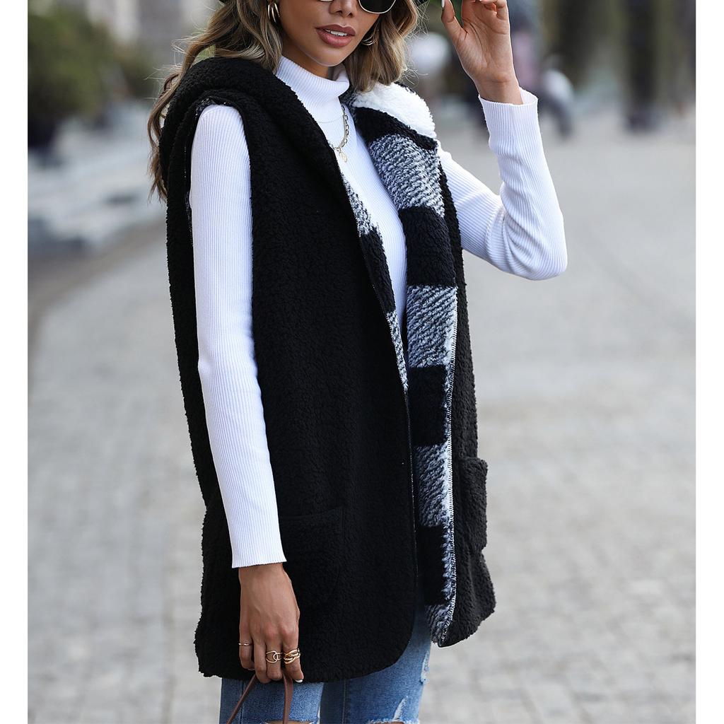 Sleeveless Cardigan Open Front Hooded Plaid Pattern Plain Black Double Sided Plush Loose Long