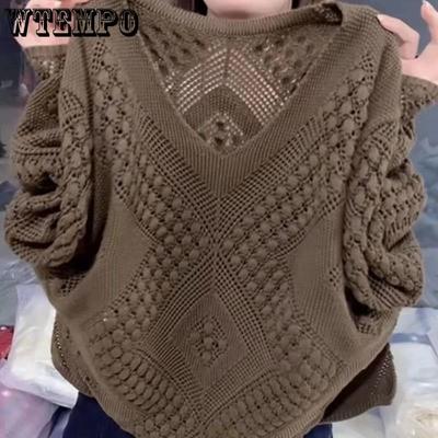 Suéter de Punto de Manga Larga con Cuello en V para Mujer Suéter de Punto Calado Holgado Moda Coreana