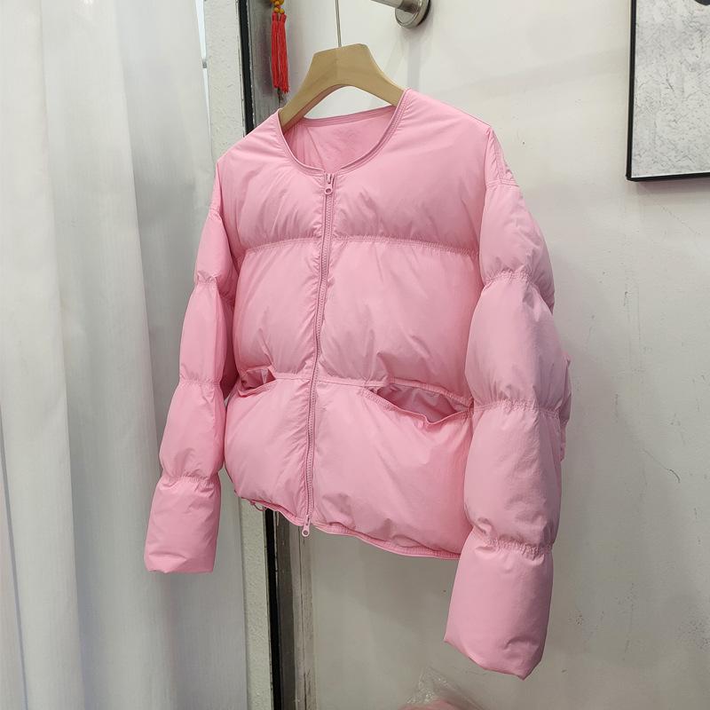 Round neck thickened down jacket women's short model, new casual style loose and thin fashion warm white duck down jacket