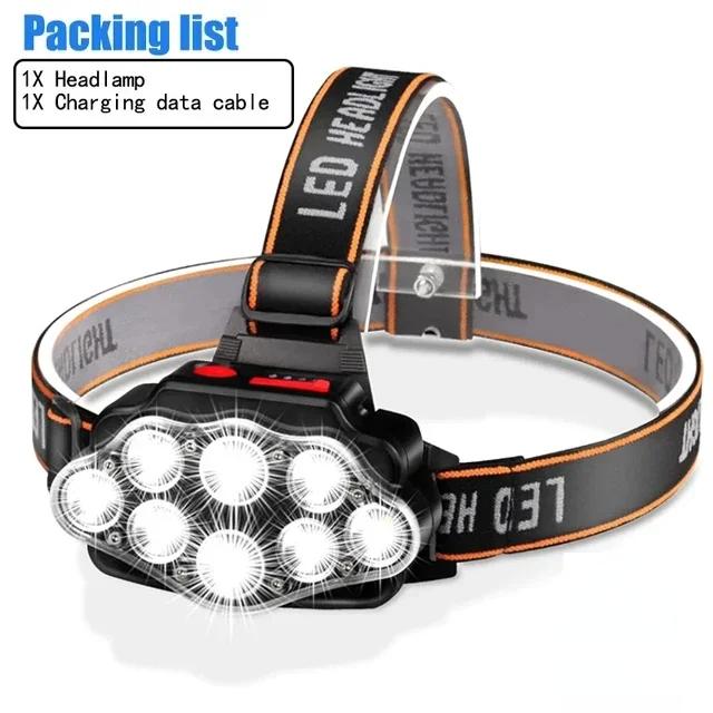 8*XPG LED Strong Light Headlamp Built-in 800mAh Battery USB Rechargeable Head Flashlight Outdoor Camping Fishing Head Light