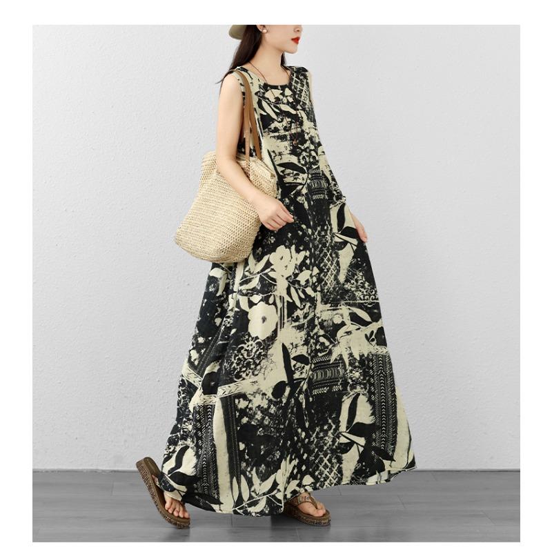 DIMANAF 2026 Women Plus Size Summer Beach Lady Long Dress Vest Sleeveless Vintage Loose Oversize Maxi Print Sundress Clothing